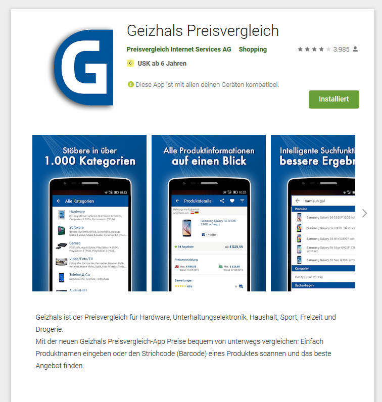 Geizhals-App im Playstore