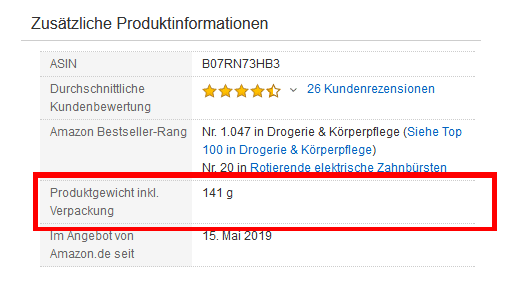 Angabe bei Amazon