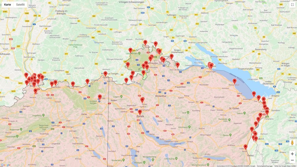 Karte mit deutsche-schweizerischen Zollübergängen