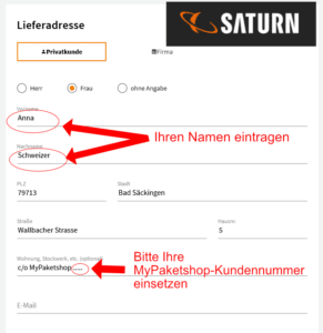 Lieferadresse bei Saturn eintragen