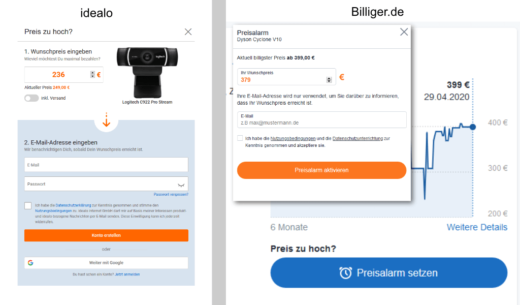 Preisalarm auf billiger.de und bei idealo
