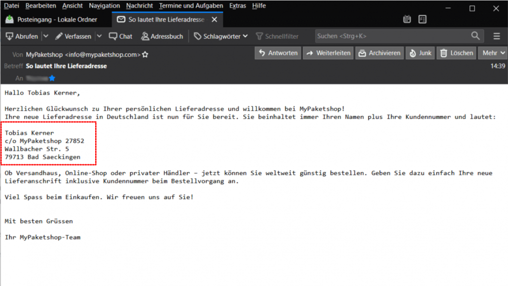 E-Mail mit Lieferadresse