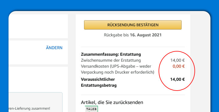 Retoure zu Amazon - kein Abzug der Versandkosten