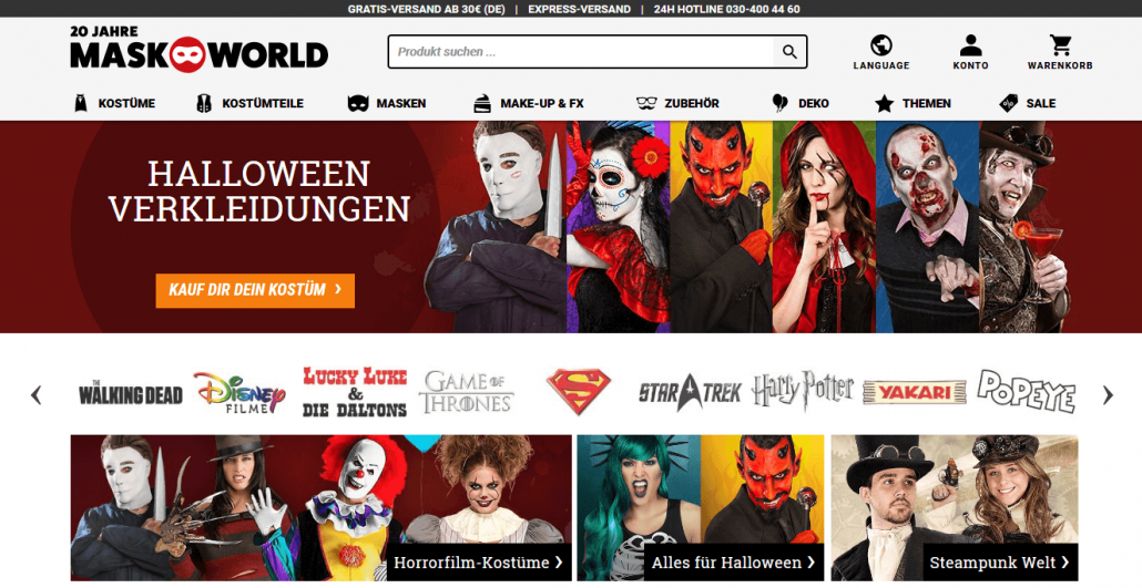 Startseite Internetshop Maskworld
