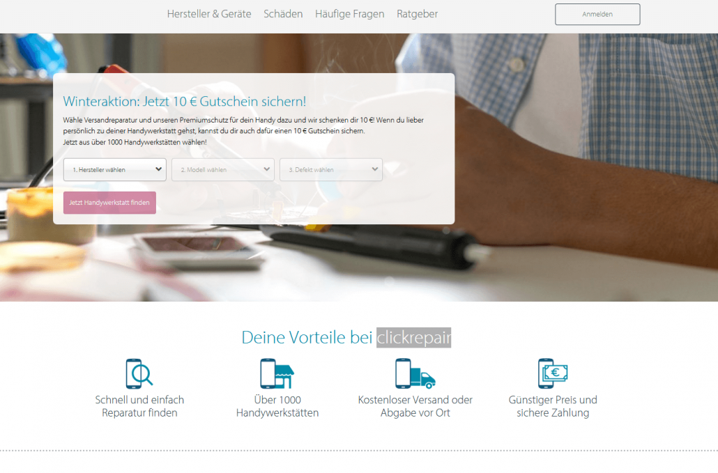 Startseite des Online-Reparatur-Marktplatzes clickrepair (Screenshot www.clickrepair.de)