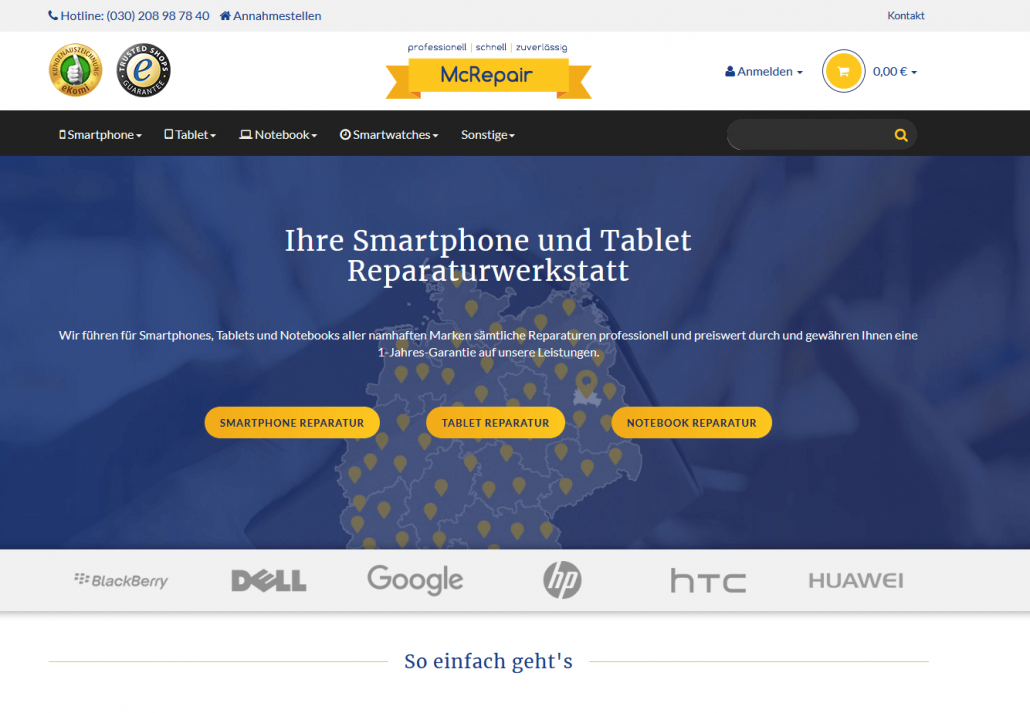 Startseite des Online-Angebots von www.mcrepair.de (Screenshot www.mcrepair.de)