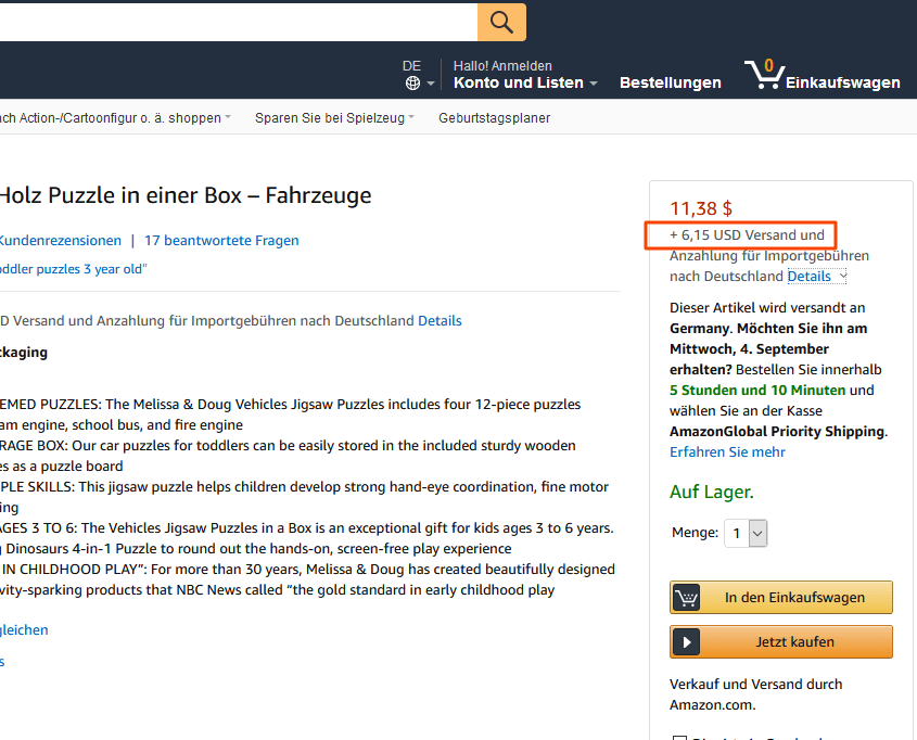 Anzeige Versandkosten auf Amazon.com
