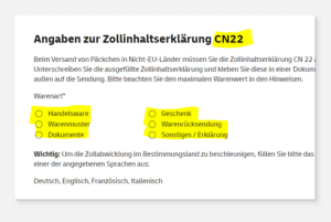Vorauswahl Päckchen - Zollinhaltserklärung CN22
