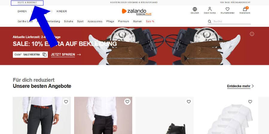 Zalando Hilfe und Kontakt klicken