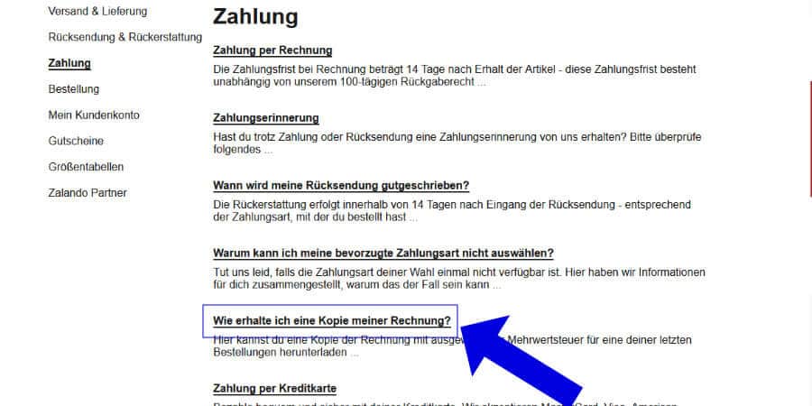 Zalando Hilfe Zahlungen Rechnungskopie