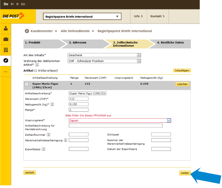 CN22: Online-Zollinhaltserklärung für Brief - Schweizer Post