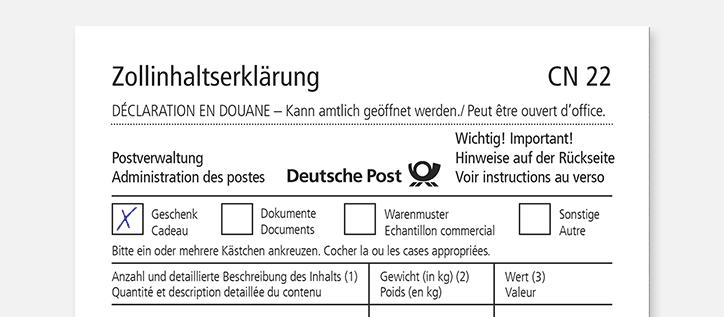 Zollinhaltserklärung Beispiel Post manuell CN 22